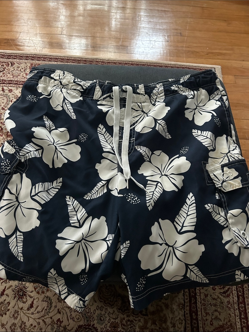 OP Navy and White Floral Swim Trunks with Drawstring